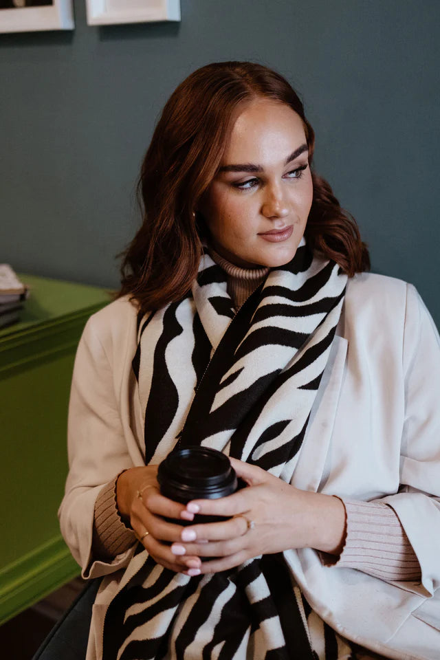 Zebra Print Scarf - Black/Creme