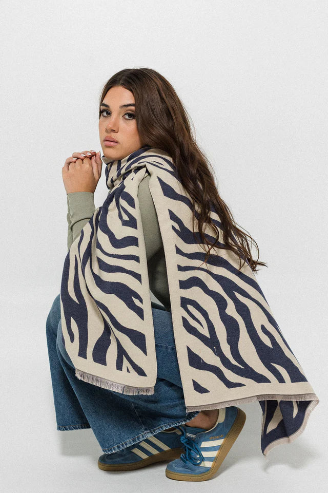 Zebra Print Scarf - Denim/Creme